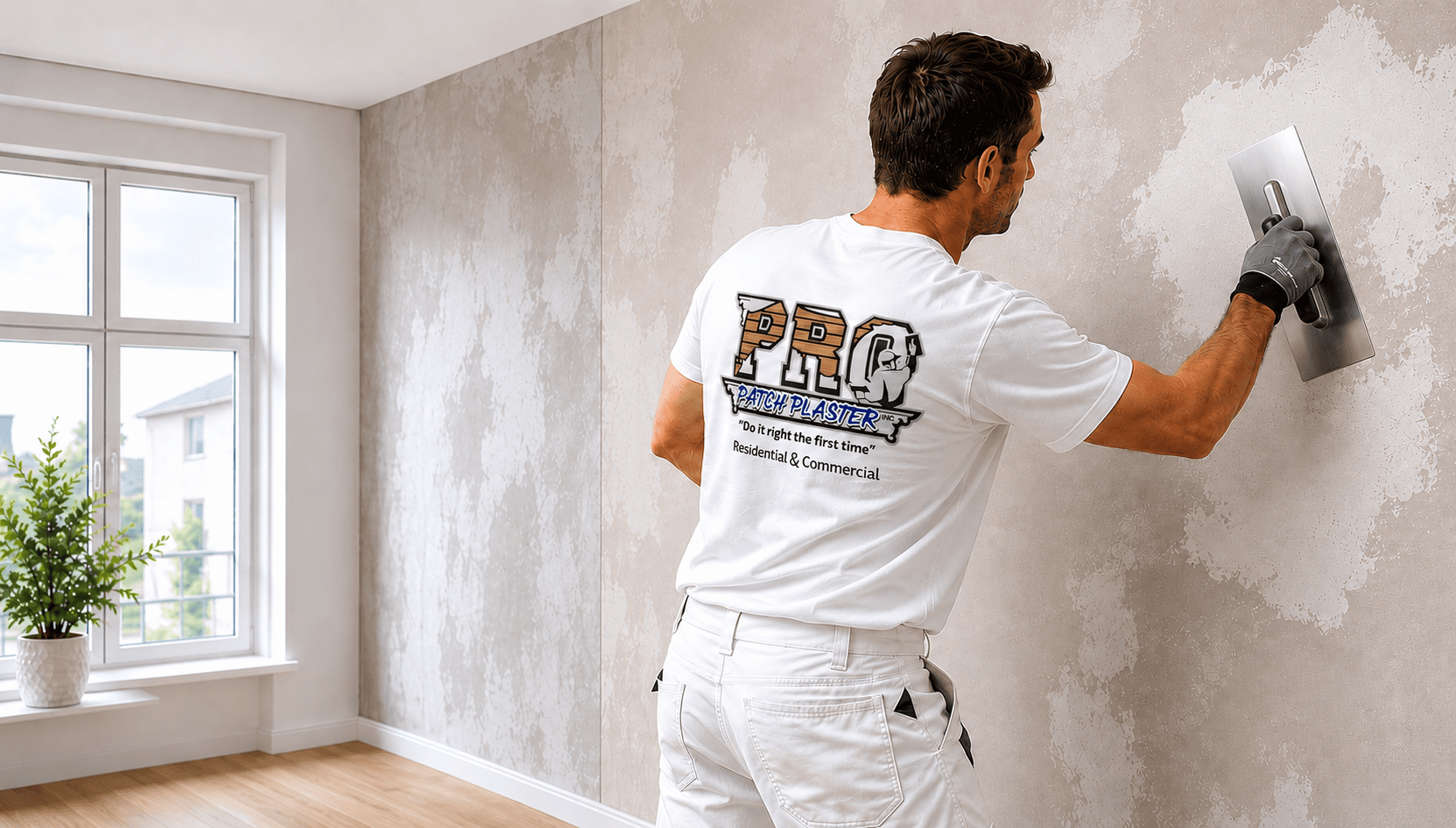 Pro Patch Plaster technician smoothing a freshly plastered wall