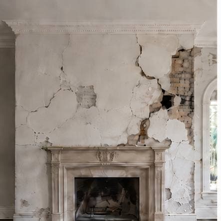 Cracked plaster wall around a fireplace, before repair